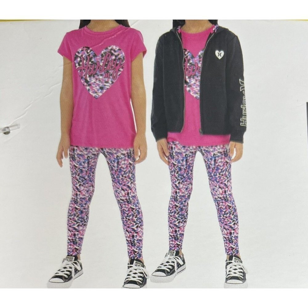 Hurley Girls Size 5 Kids' 3-piece Set BLACK Active set Zip Hoodie, Tee, Legging